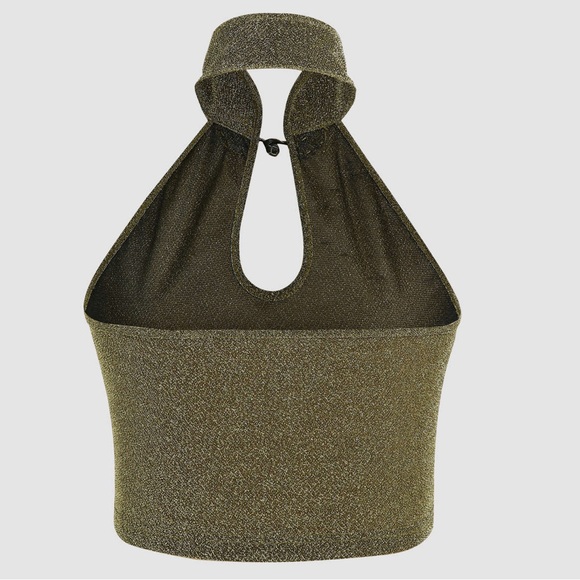 New Cider Solid Glitter Gold Halter Choker Style Cropped Tank Top - Picture 8 of 9